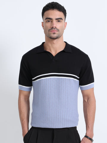 Knitted Polo T Shirt ( Black - Lt Blue )