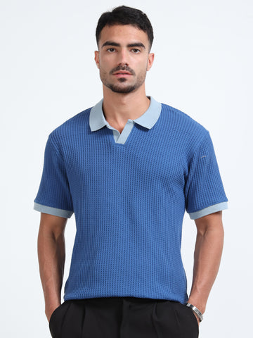 Textured Polo T-Shirt (D Blue - Lt Blue)