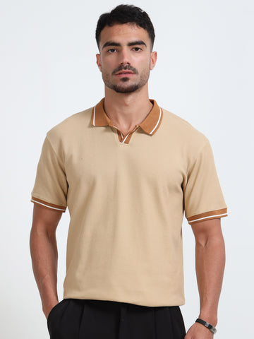 Textured Polo T-Shirt ( Beige - Brown )
