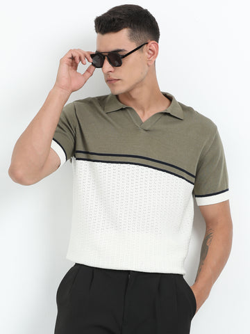 Knitted Polo T Shirt (Moss Green and Off White)