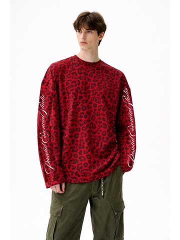 Red Leopard Print Oversized Full Sleeve T-Shirt