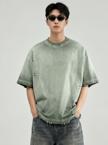 Distressed Oversized Cotton Tee – Vintage Sage
