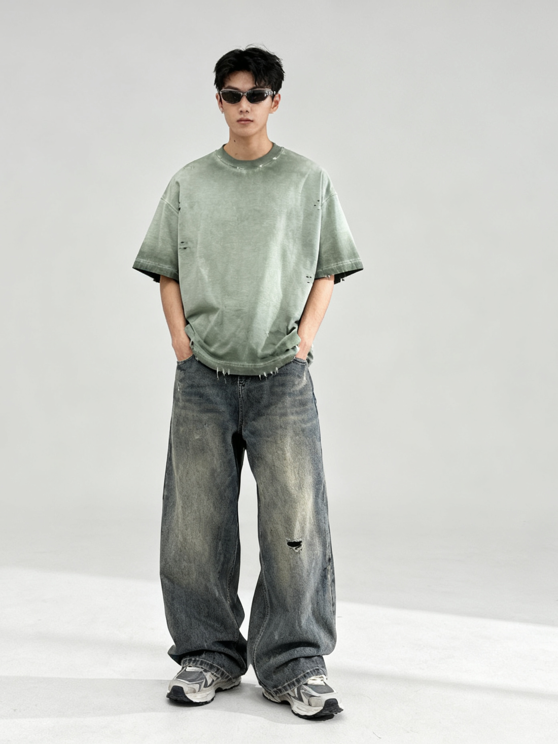 Distressed Oversized Cotton Tee – Vintage Sage